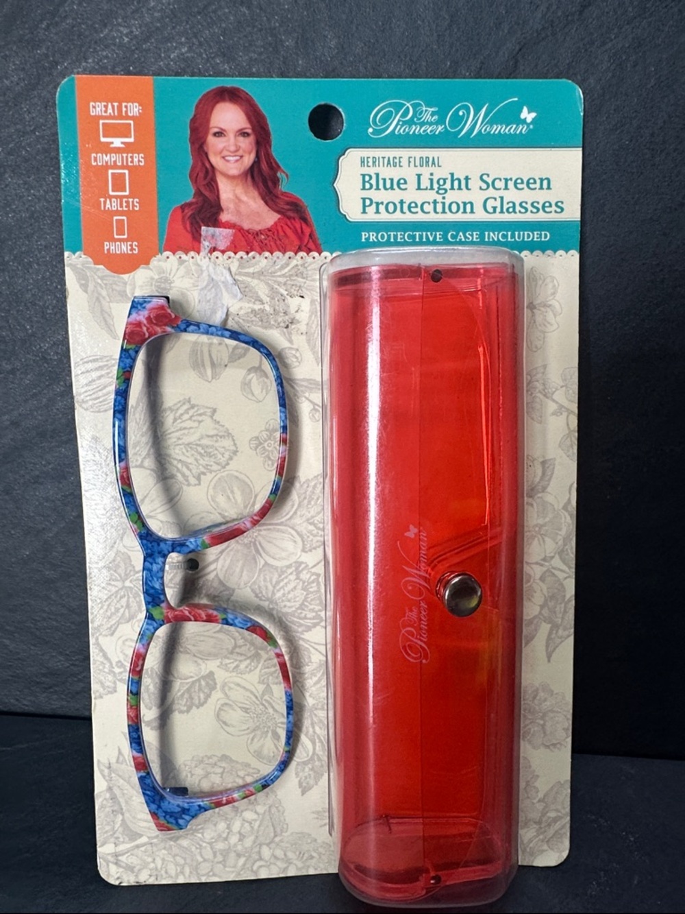 The Pioneer Woman Blue Floral Blue Light Glasses with Red Case screen protector